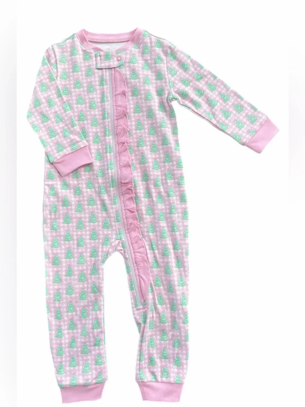 JAMES & LOTTIE Pink Gingham Christmas Tree Zip Up Ruffle Jammie’s - 12M